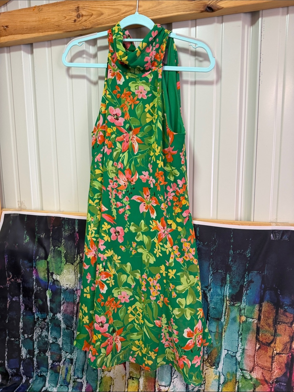 Vince Camuto Green Floral Sleeveless A-Line Dress with Pink & Orange Blooms